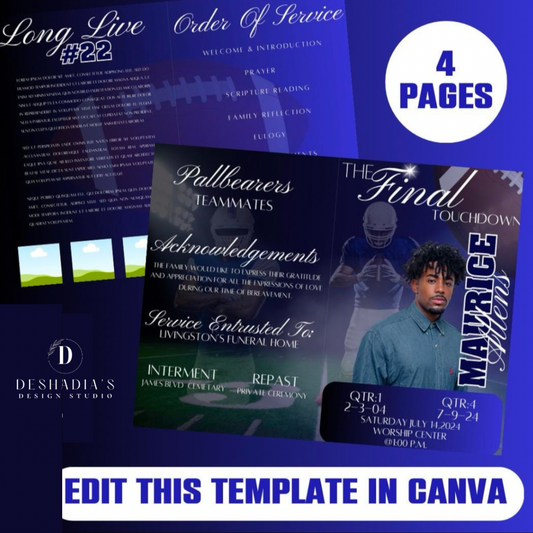 4 Page Funeral Program Template, Editable Funeral Program, Obituary Program, Football Theme, Simple Memorial Programs, Canva Template