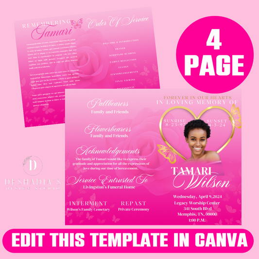 4 Page Funeral Program Template, Editable Funeral Program, Obituary Program, Pink Butterfly Theme, Simple Memorial Programs, Canva Template