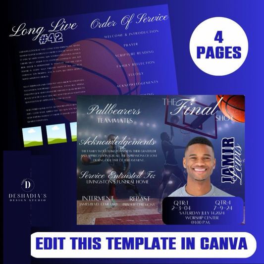 4 Page Funeral Program Template, Editable Funeral Program, Obituary Program, Basketball Theme, Simple Memorial Programs, Canva Template