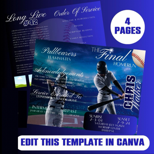 4 Page Funeral Program Template, Editable Funeral Program, Obituary Program, Baseball Theme, Simple Memorial Programs, Canva Template