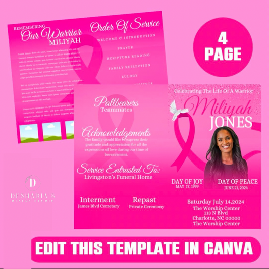 4 Page Funeral Program Template, Editable Funeral Program, Obituary Program, Pink Breast Cancer Theme,  Memorial Programs, Canva Template