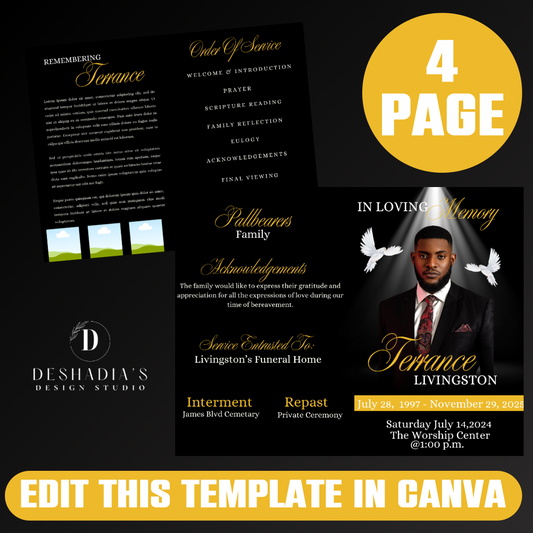 4 Page Funeral Program Template, Editable Funeral Program, Obituary Program,Simple Memorial Programs, Canva Template