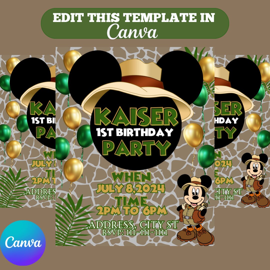 Mickey Safari Invitation - Kids invitation - Digital Party Invite - Modern Birthday Template Printable - Editable in Canva