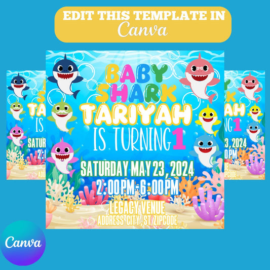 Baby Shark Birthday Invitation, Baby Shark Birthday Template, Canva Digital Flyer, Digital Kids Invite, Party Invite, Baby Shark Party,