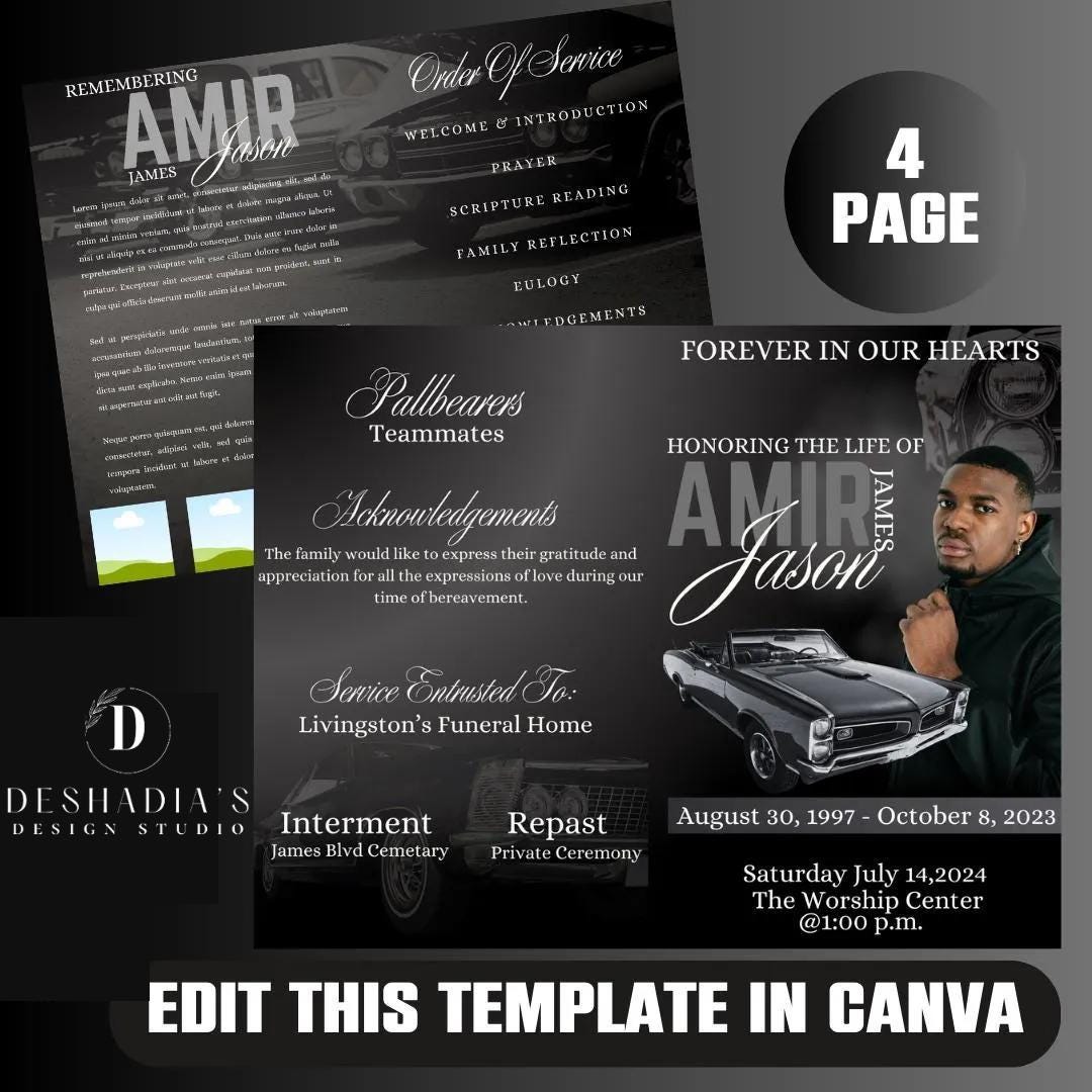 4 Page Funeral Program Template, Editable Funeral Program, Obituary Program, Classic Car Theme, Simple Memorial Programs, Canva Template